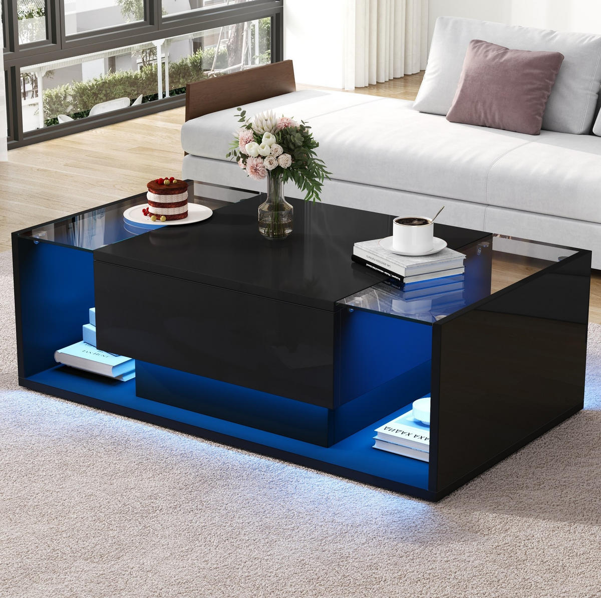 COUCHTISCH 100/50 cm mit Schublade, LED-Beleuchtung und gehärtetem Glas - Schwarz, Holzwerkstoff (100/50/31cm) - BEAOK