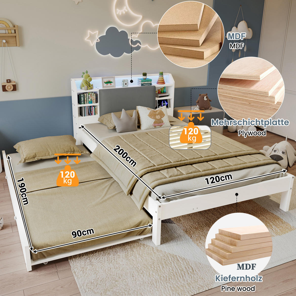 FUNKTIONSBETT aus Kiefernholz und MDF 120x200 cm Weiß mit Ausziehbett 90x190 cm, LED und Ladestation - Weiß, Holz (120/200cm) - IVMEU