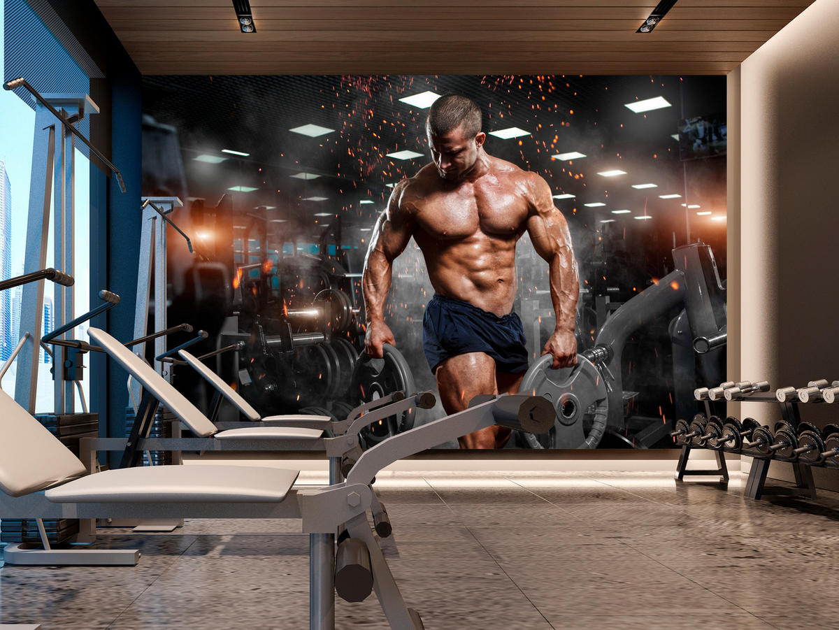 FOTOTAPETE Muskulöser Mann Gym Fitnessstudio Sport 150x105 - Beige/Schwarz, Papier (150/105cm) - Muralo