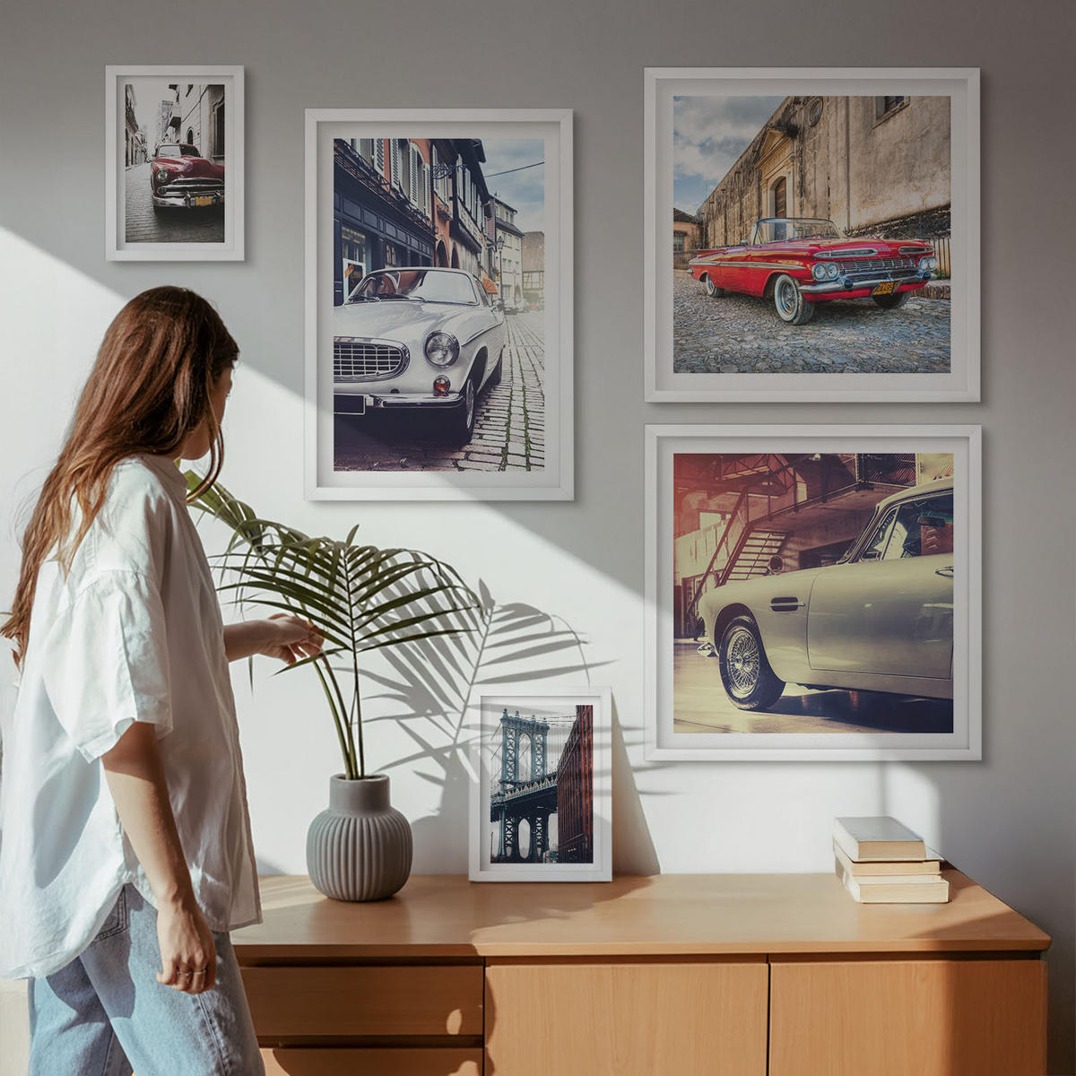 WANDBILDER 5er-Set - 50x50 cm & 20x30 cm & 40x60 cm Weißer Rahmen - Oldtimer in Städten - Weiß, Kunststoff (40/60cm) - ArtPrintCave