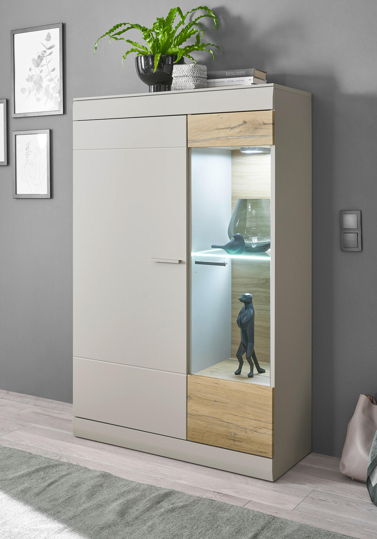 VITRINE grau matt, Zinneiche 90 cm, Highboard mit Soft-Close-Funktion - Eichefarben/Silberfarben, Glas/Holzwerkstoff (90/139/35cm) - Furn.Design