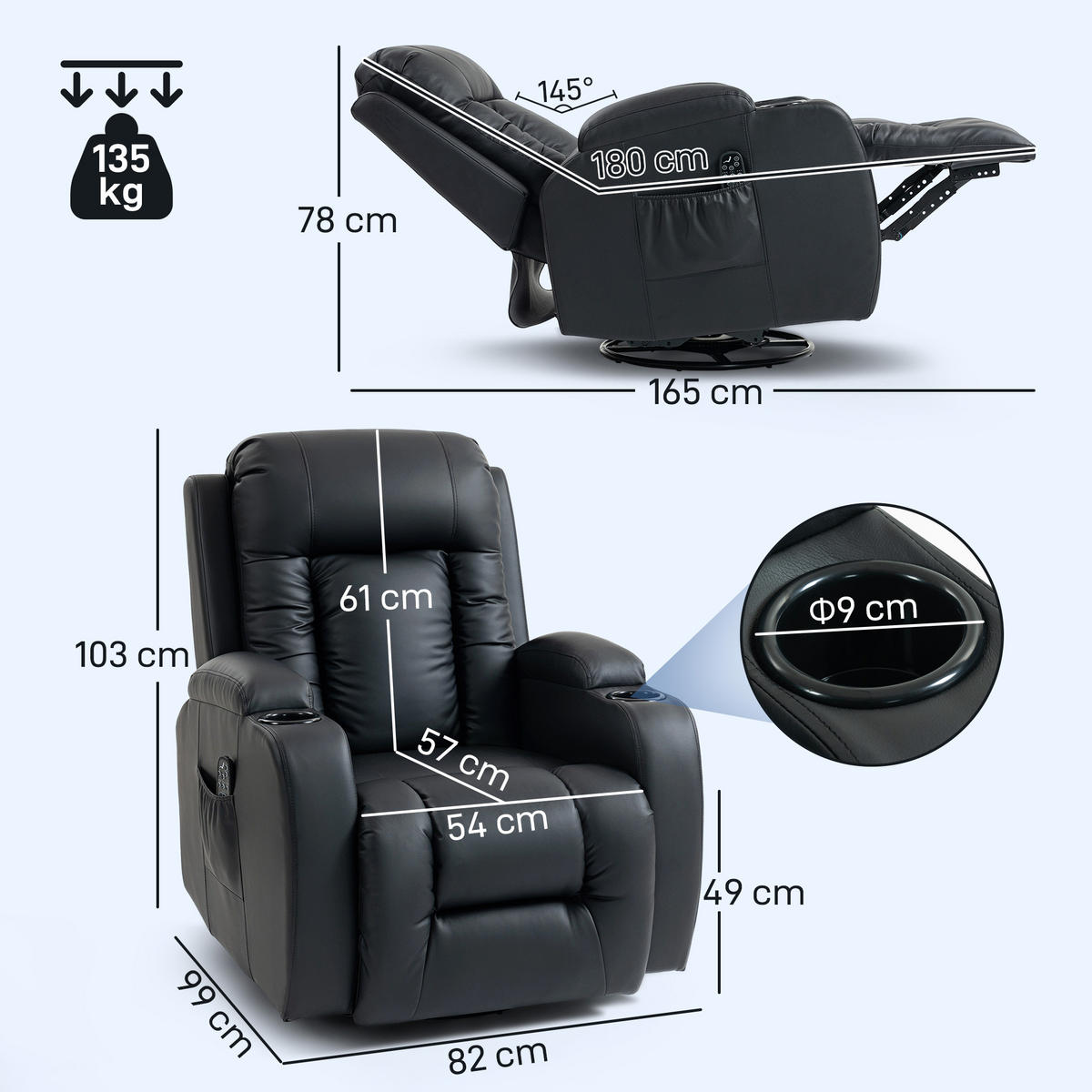 MASSAGESESSEL,BEHEIZBAR 8 Massagepunkte 3 Modi Fernbedienung PU-Leder,schwarz - Schwarz, Leder (82/103/99cm) - Vallsero