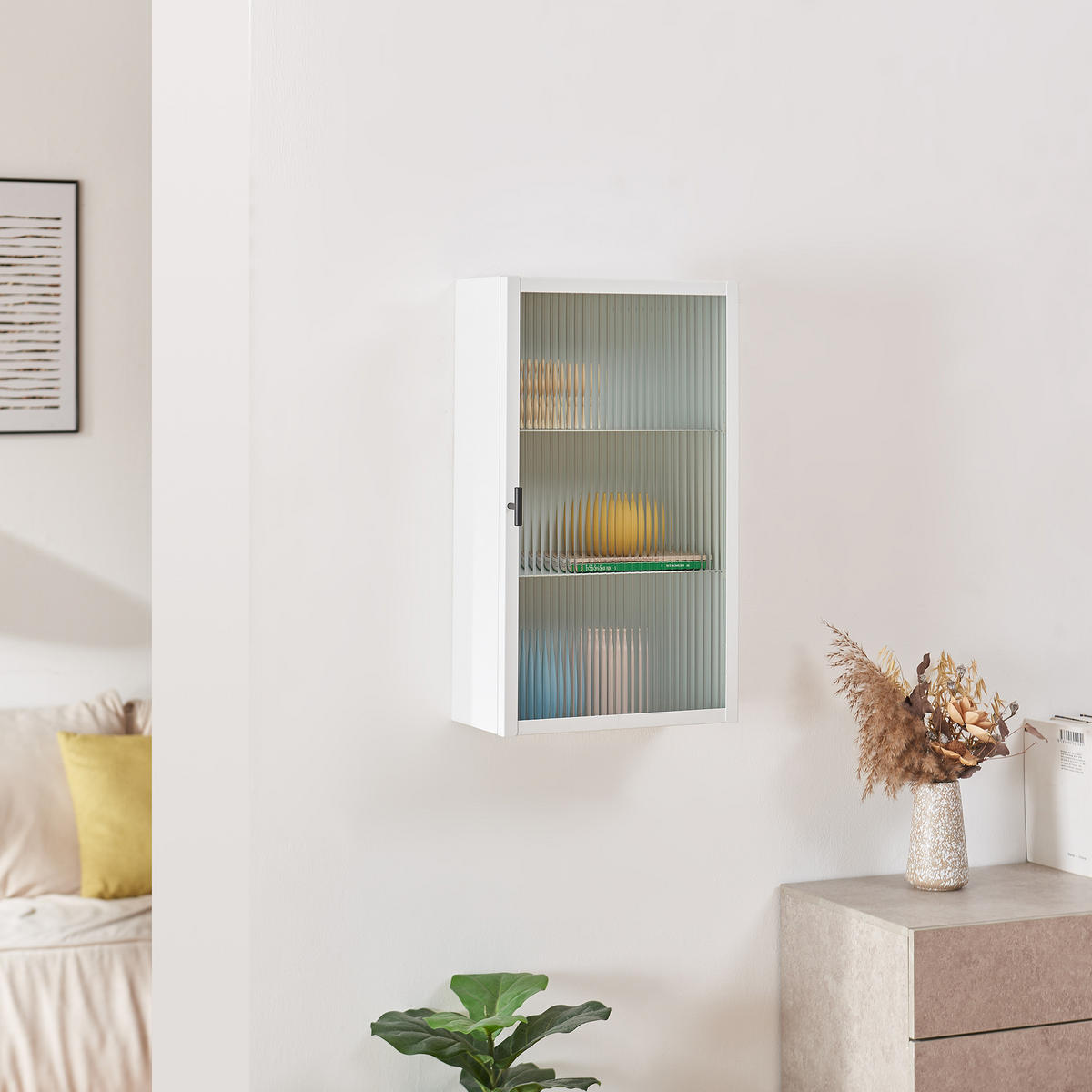 STĚNOVÁ SKŘÍŇ Zundert - bílá, kov/sklo (35/60/15cm) - [en.casa]