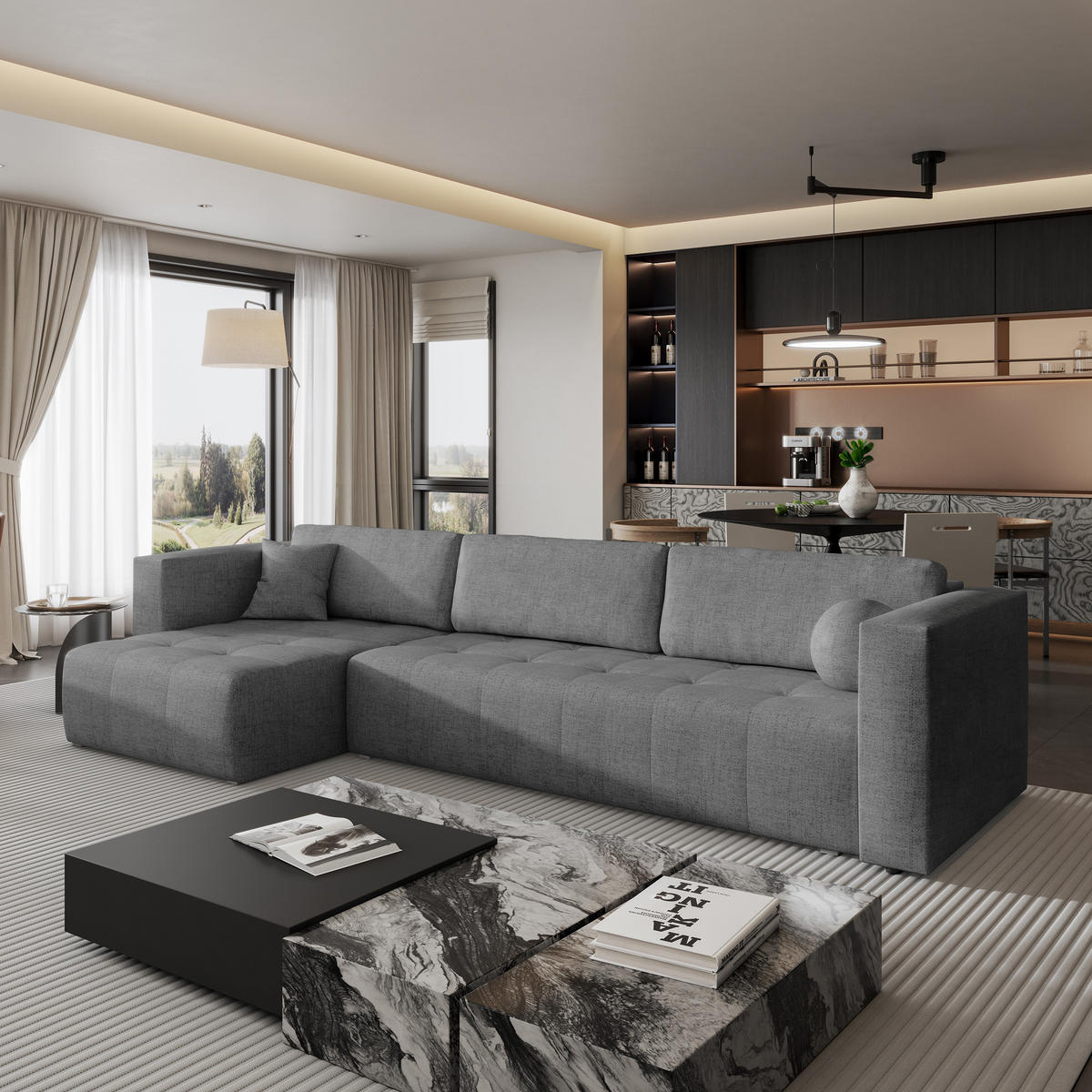 ECKSOFA OLVERA Grau Geflochtener Stoff mit Schlaffunktion - Grau, Holz (347/148cm) - MASSENO