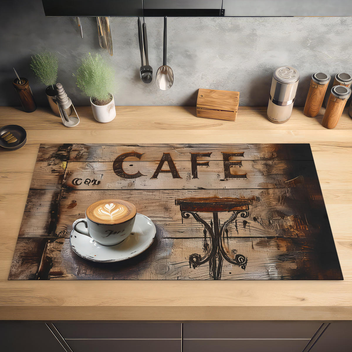 HERDABDECKPLATTE Cafe - Holz - Kaffee - Regale Ceranfeldabdeckung 90x52 cm - Schwarz, Kunststoff (90/52/0.2cm) - MuchoWow