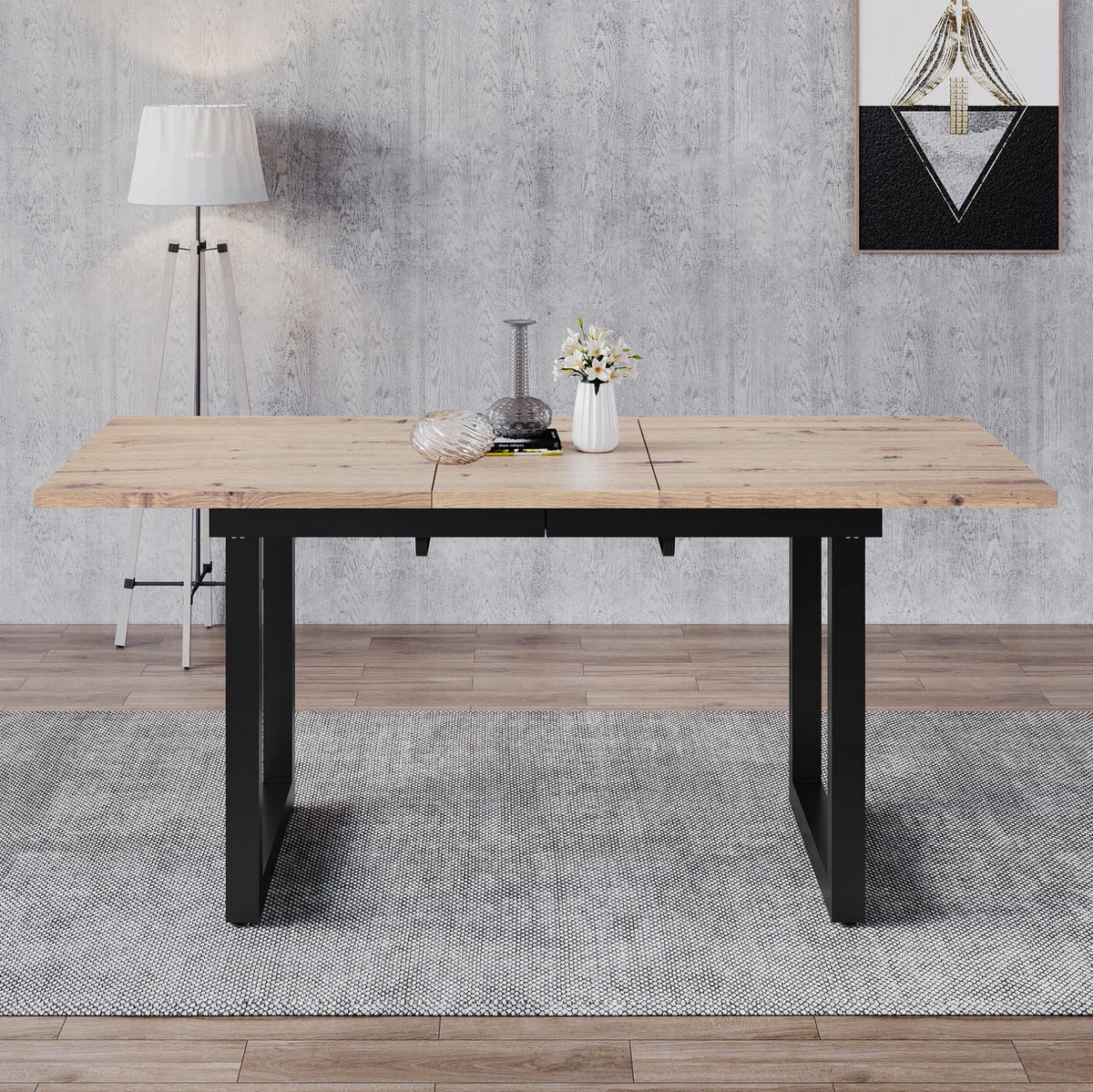 ESSTISCH ausziehbar 180/80/75 cm Schwarz Natur MDF mit Metallgestell - Eichefarben, Holzwerkstoff (180/80/75cm) - OKWISH