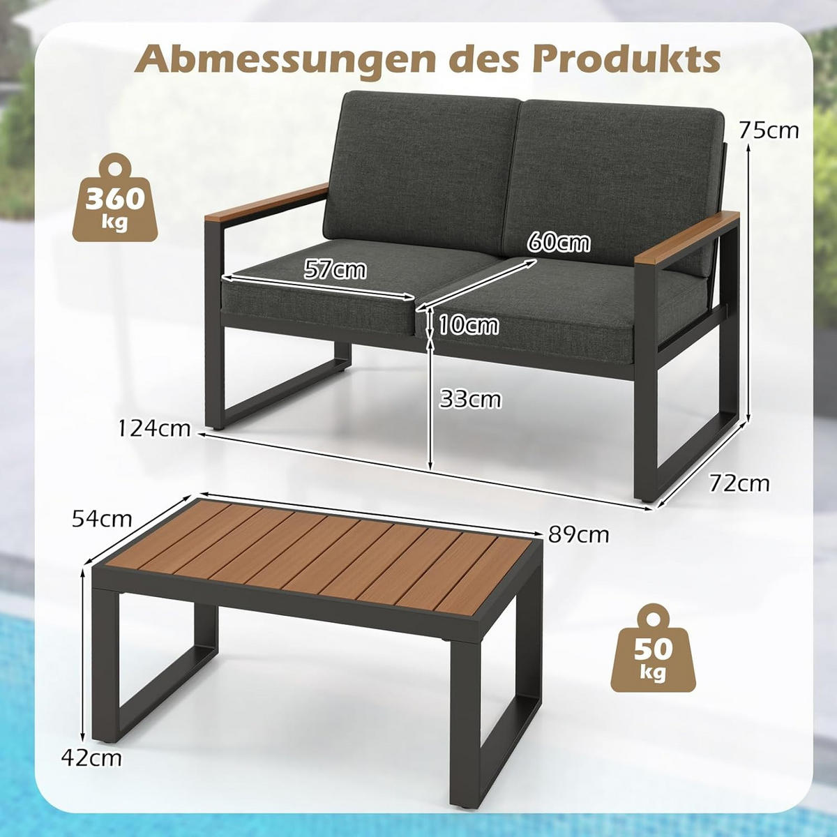 TRÄDGÅRDSMÖBLER Set Grå (4 delar) - Grå, Metall - COSTWAY