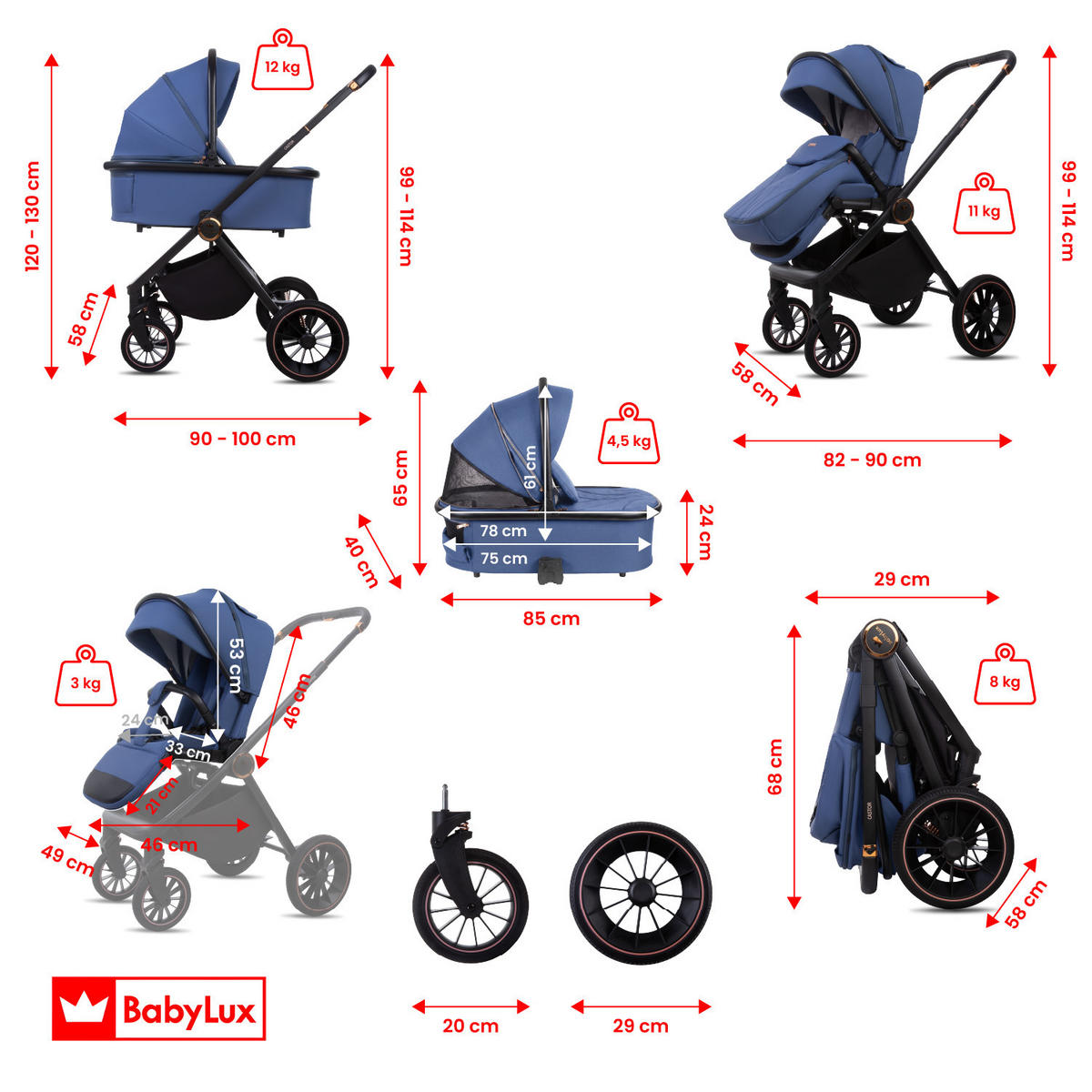 KINDERWAGEN Castor 4in1 Sapphire Babywanne, Reisebuggy, Autositz, Isofix Basis - Blau/Schwarz, Textil/Metall (58/98cm) - BabyLux