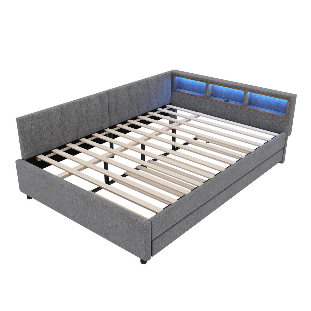POLSTERBETT 140/200 cm Grau aus Leinen mit USB- und Type-C-Anschlüssen und LED - Grau, Textil (140/200cm) - Flora Grace