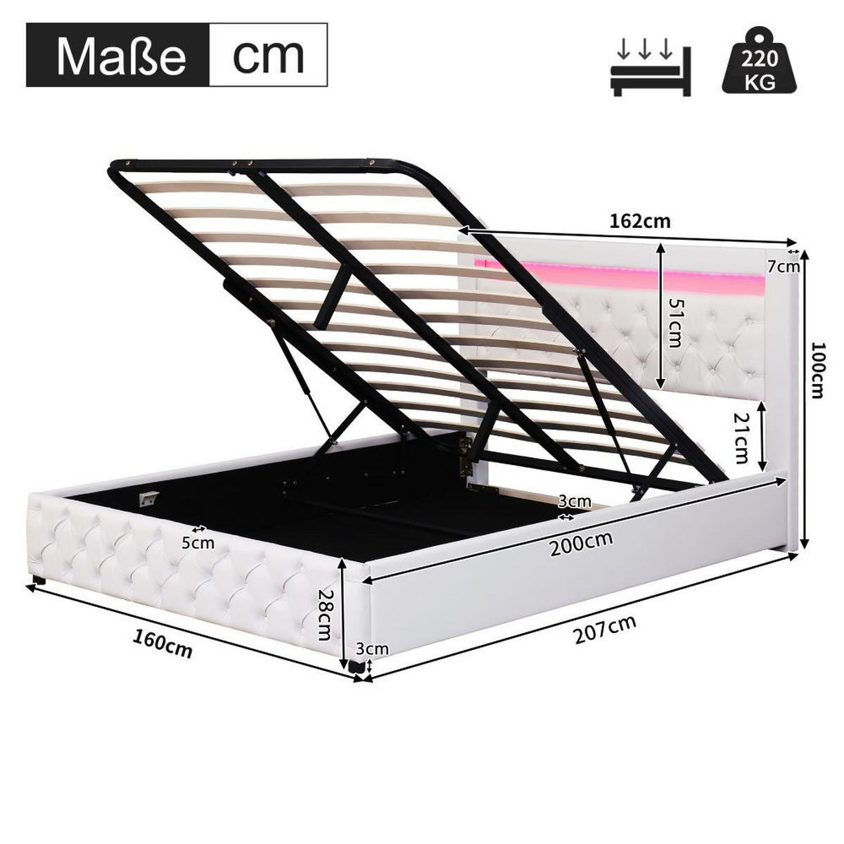 POLSTERBETT 160/200 cm in Weiß PU mit Funktion Von Aufbewahrung - Weiß, Holz/Textil (160/200cm) - KOMHTOM