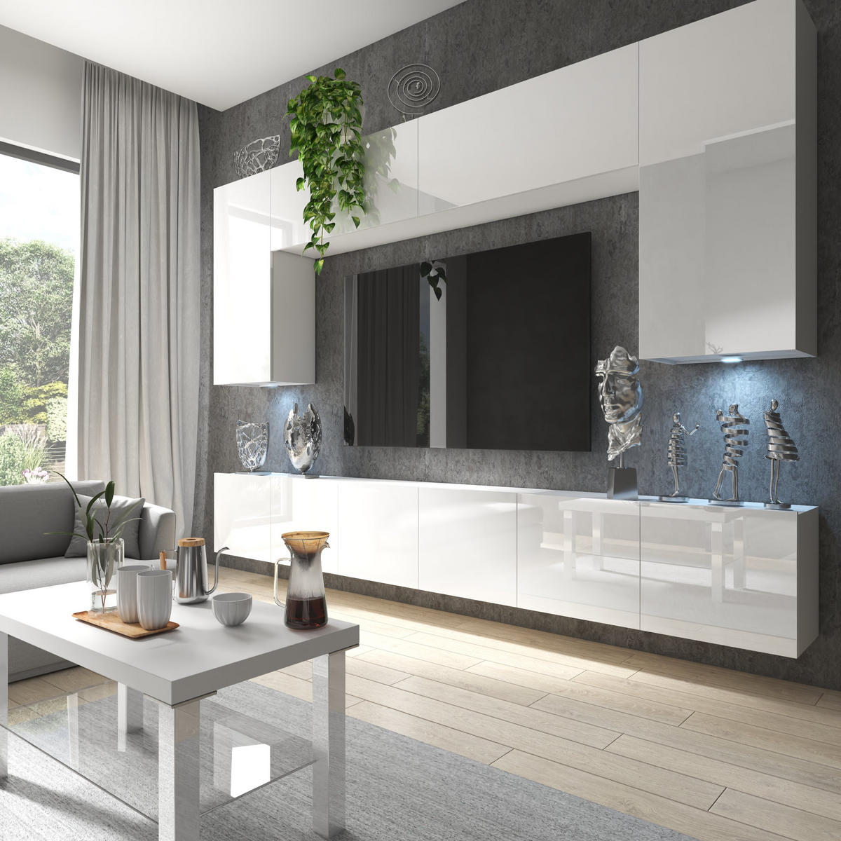 WOHNWAND Milano 2, Weiß Hochglanz, 300 cm, Grifflos - Weiß, Holz (300/155/36cm) - B BELINI GROUP