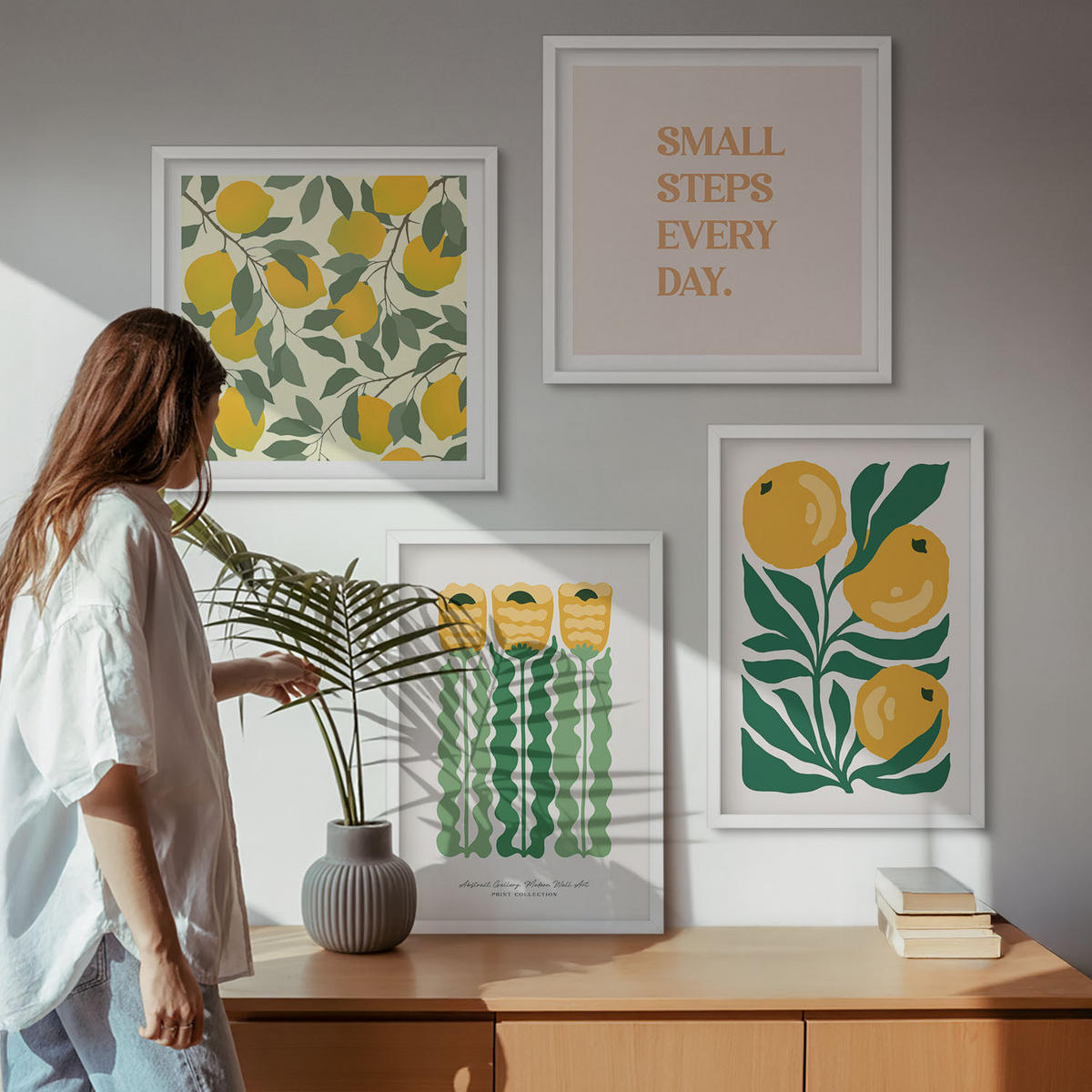 WANDBILDER 4er-Set - 50x50 cm & 40x60 cm Weißer Rahmen - Pflanzenmuster mit Blumen - Weiß, Kunststoff (50/50cm) - ArtPrintCave