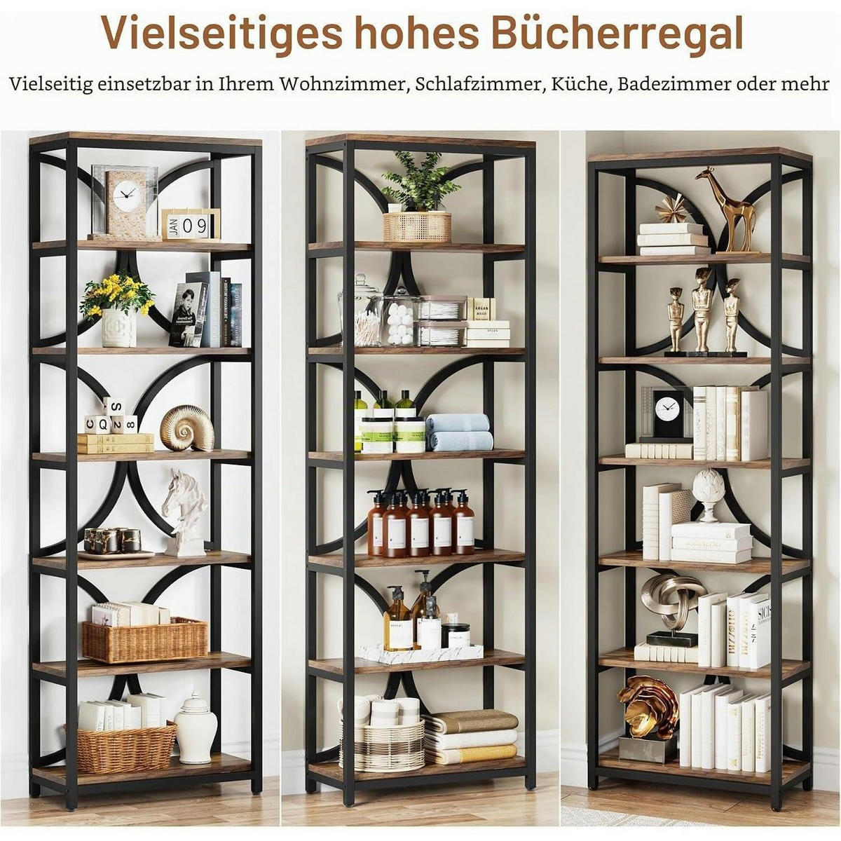 BÜCHERREGAL 6 Ebenen 200 cm Braun - Braun, Metall (60/200/30cm)