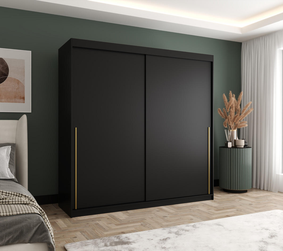 SCHIEBETÜRENSCHRANK 200 cm Breite, schwarz mit goldenem Griff - Goldfarben/Schwarz, Holzwerkstoff (200/200/62cm) - Home Collective