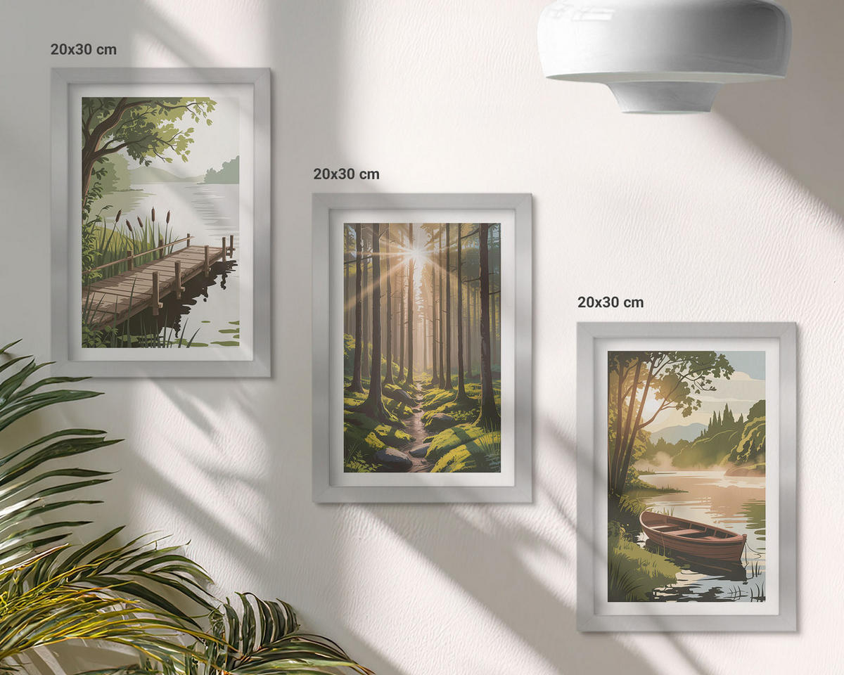 BILDER SET 3er Set - 20x30 cm Silberner Rahmen - Landschaft aus Wald, See und Boot - Silberfarben, Kunststoff (20/30cm) - TULUP