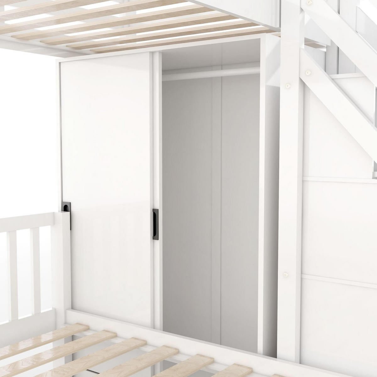 ETAGENBETT 90/200 cm + 140/200 cm in Weiß mit Kleiderschrank und Stauraumtreppe - Weiß, Holz - BEAOK