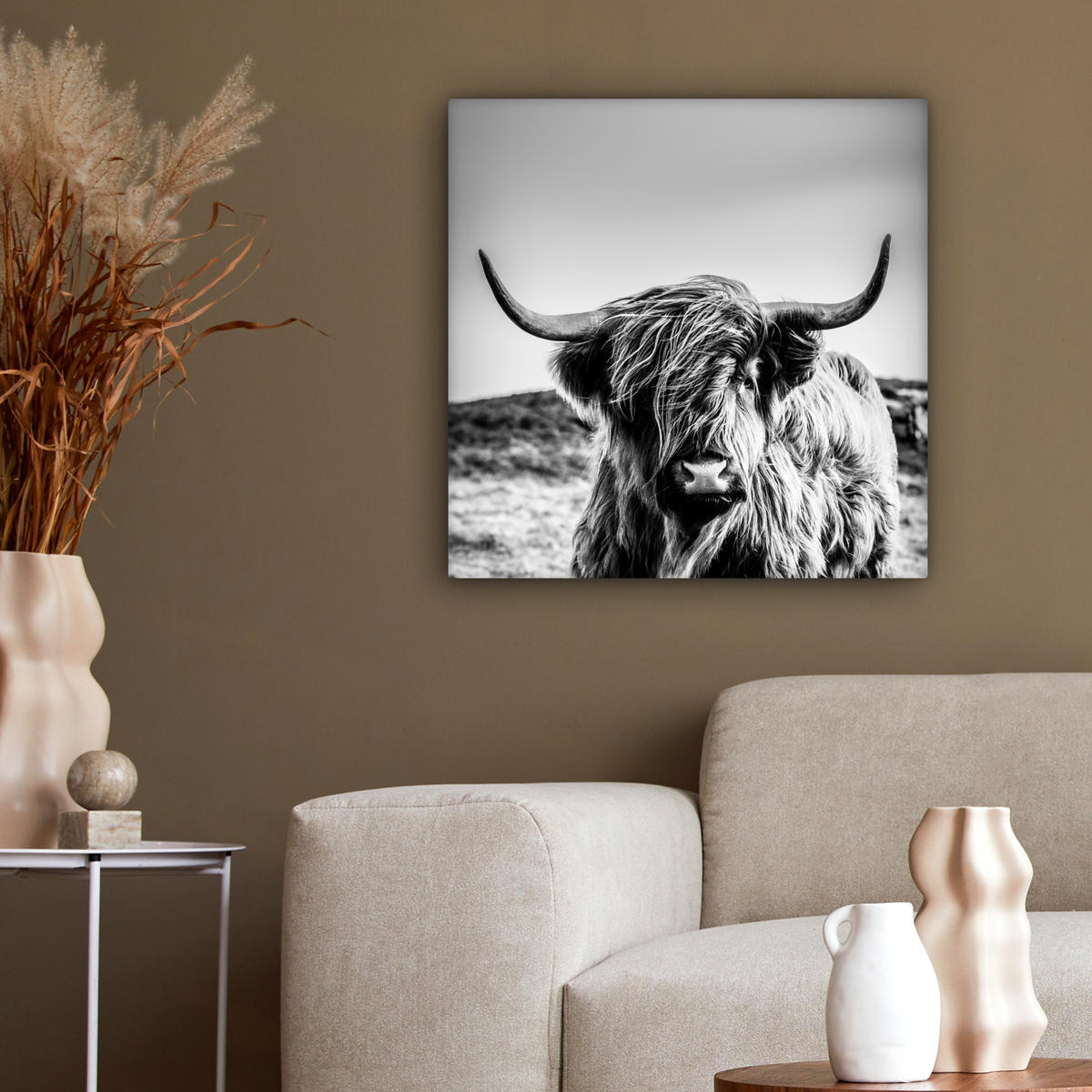 LEINWANDBILD Kuh - Schottischer Hochländer - Schwarz - Weiß - Tier - Natur - Wildtiere 50x50 cm - Schwarz, Textil (50/50cm) - MuchoWow