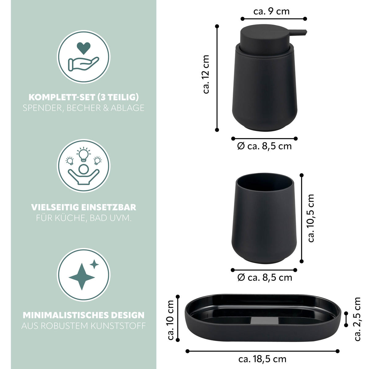 BAD-ACCESSOIRES-SET TESERO, Soft-Touch, schwarz - Schwarz, Kunststoff (18.5/13.5/10cm) - eluno