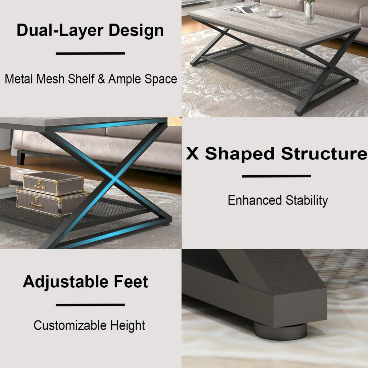 COUCHTISCH Holz Metall Industrial mit Ablage 120 x 60 x 45 cm - Hellgrau, Holzwerkstoff/Metall (60/120/45cm) - Quality Elegance
