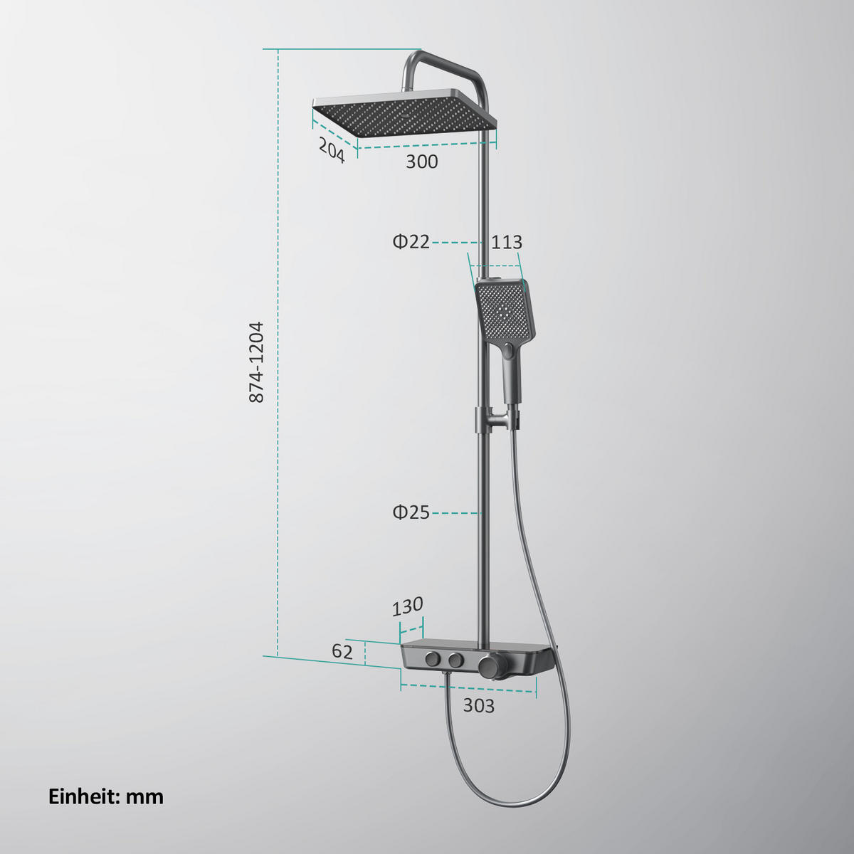 ÜBERKOPFBRAUSESET mit Armatur Thermostat und Ablage Anthrazit - Anthrazit, Metall (36/106.6/48.7cm) - EMKE