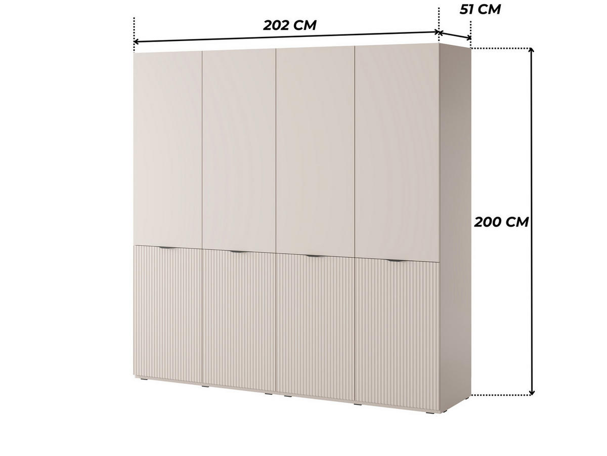 KLEIDERSCHRANK ZEN (Modular, Cashmere Matt, Rillenfront, 4-türig) - Kaschmir/Schwarz, Holz/Holzwerkstoff (202/200/51cm) - Ravio