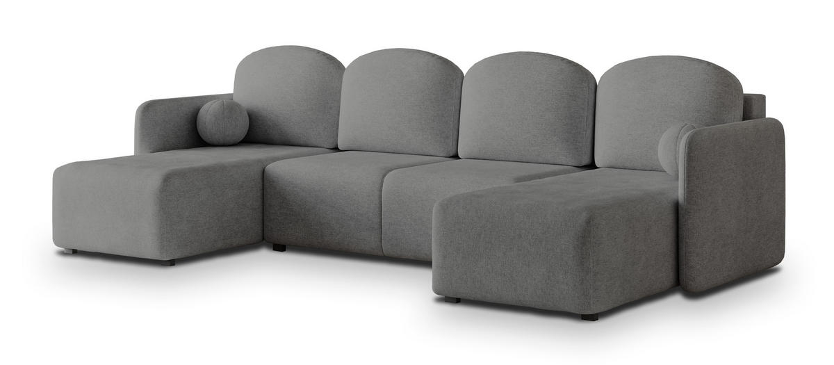 WOHNLANDSCHAFT NUBERO Grau Geflochtener Stoff mit Schlaffunktion - Grau, Holz (285/85/143cm) - MASSENO