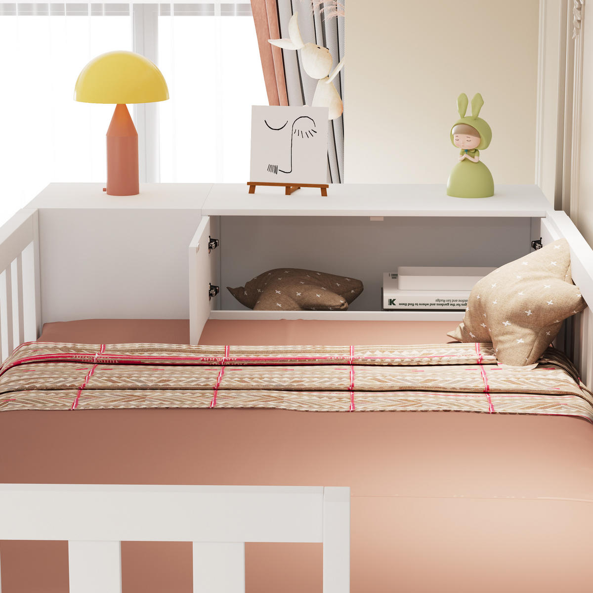 HOCHBETT 90/200 cm Weiß mit Regalen und Stauschrank aus Holz - Weiß, Holzwerkstoff (90/200cm) - OKWISH