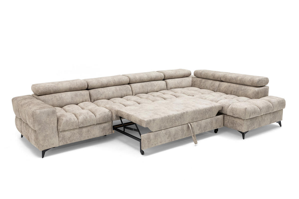 ECKSOFA PUDDING MAXI L Links mit Schlaffunktion 125x195 Velours Beige - Beige/Schwarz, Holz/Textil (350/203cm) - Muffo