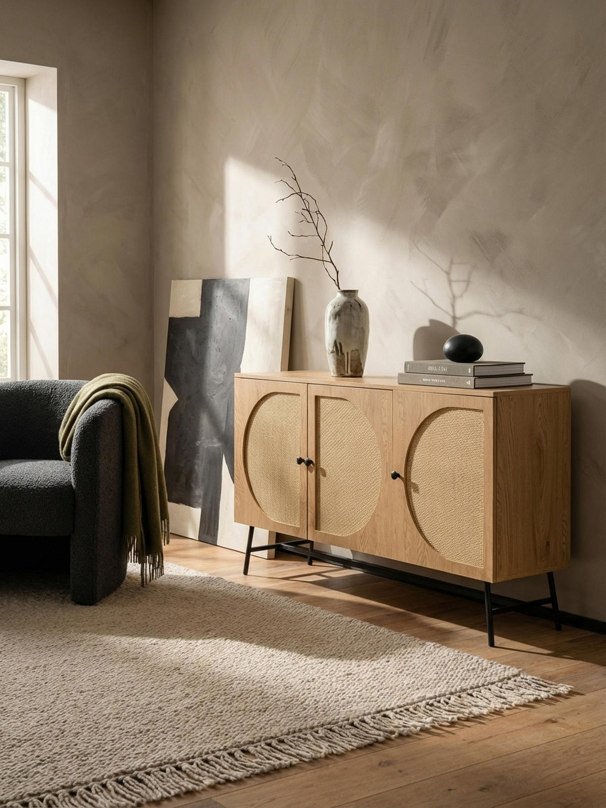 SIDEBOARD – Eiche-Dekor/Rattan, 140x80x39 cm, 3 Türen, hoch - Schwarz/Braun, Holzwerkstoff/Metall (140/80/39cm) - KADIMA DESIGN