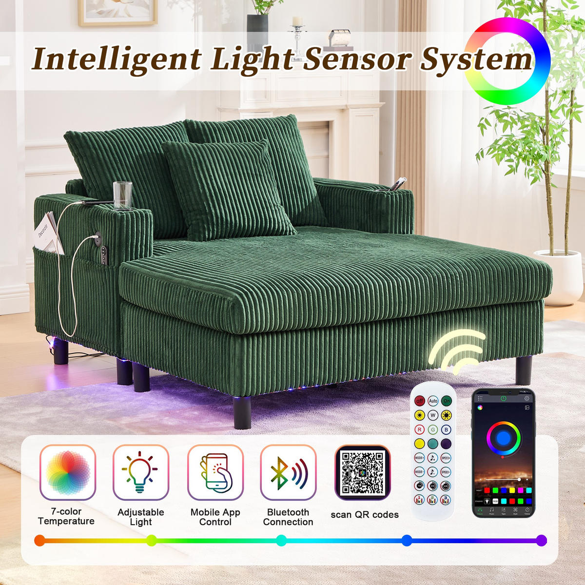 RELAXLIEGE XXL Polsterliege,Relaxsessel,3 Zierkissen,Cord,Grün - Grün, Textil (128/85/142cm) - LVHOM