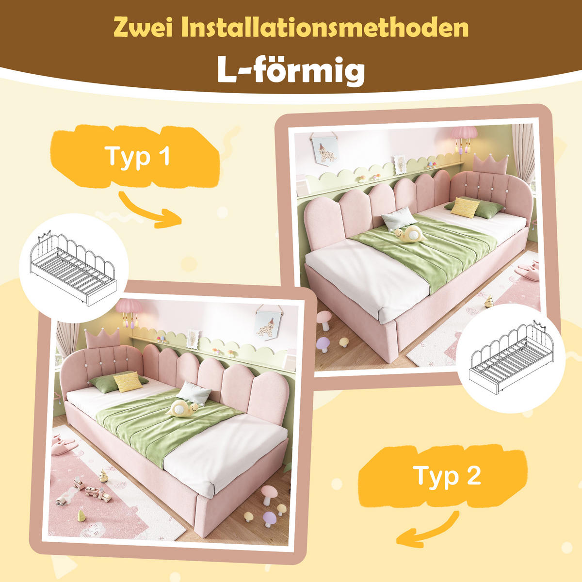 POLSTERBETT 90/200 cm mit Ausziehbett, Kronen- und Gitterdesign aus Samt, Rosa - Rosa, Textil (90/200cm) - Redom