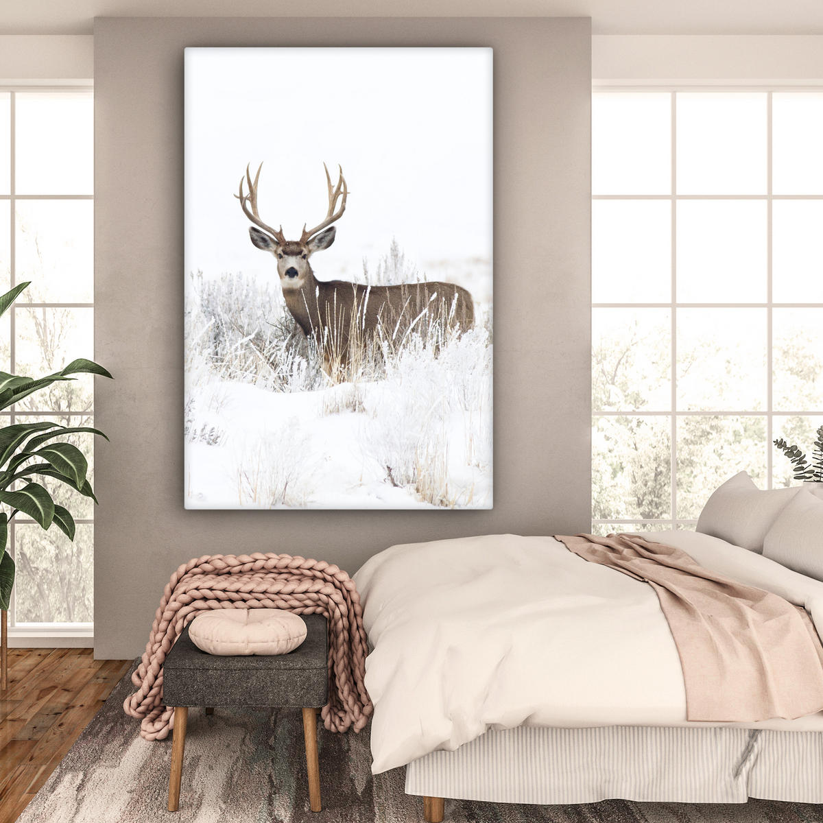 LEINWANDBILD Hirsche - Winter - Schnee - Tiere - Jahreszeiten - Weiß 90x140 cm - Hellbraun, Textil (90/140cm) - MuchoWow