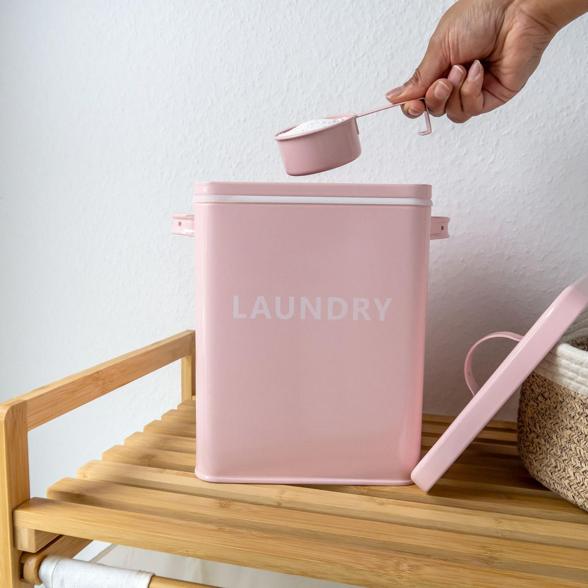 WASCHMITTEL AUFBEWAHRUNGSBOX mit Deckel und Dosierlöffel - Pink, Metall (18/25/28cm) - Intirilife