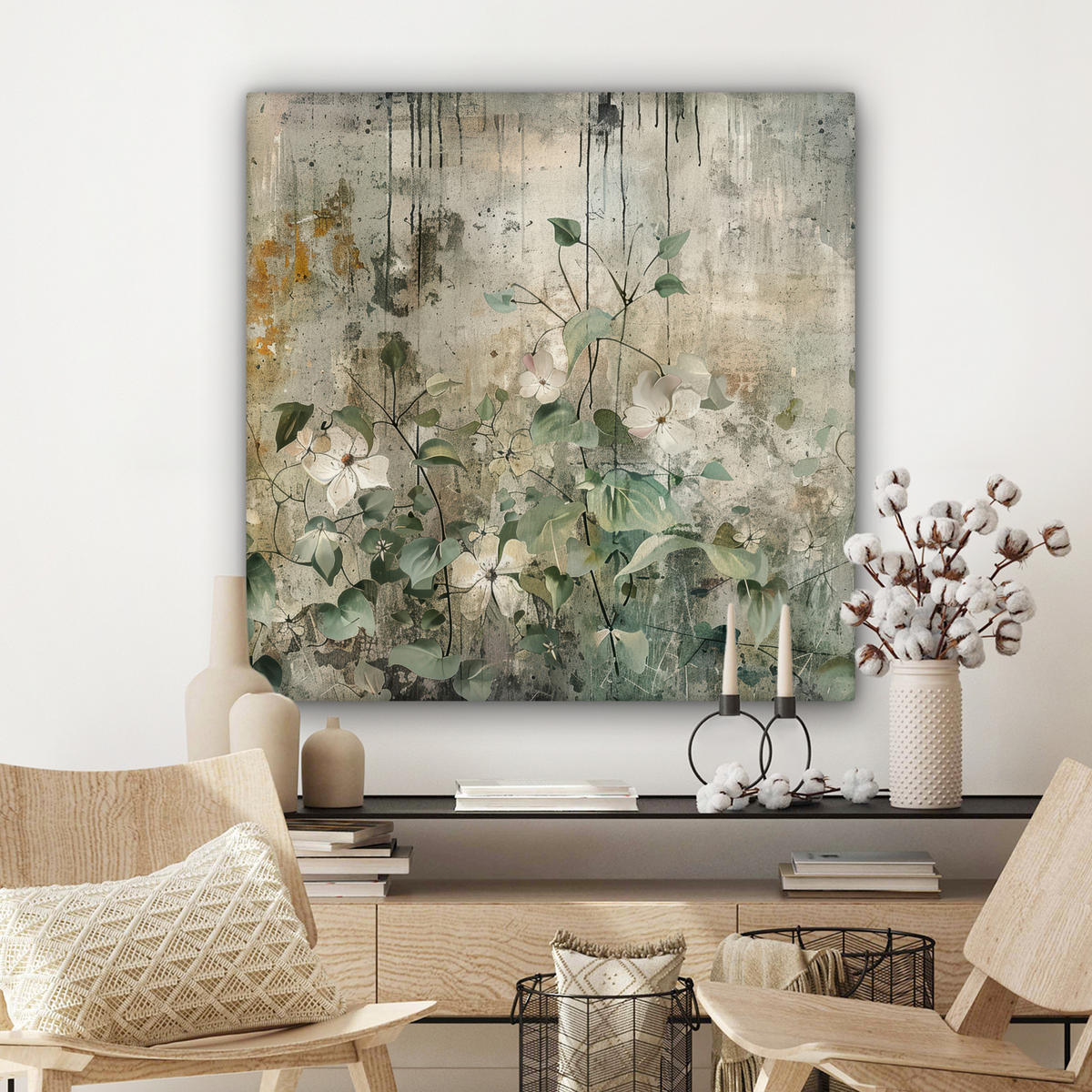 LEINWANDBILD - Blumen - Blätter - Abstrakt - Modern - 90x90 - Gemälde - Grau, Textil (90/90cm) - MuchoWow