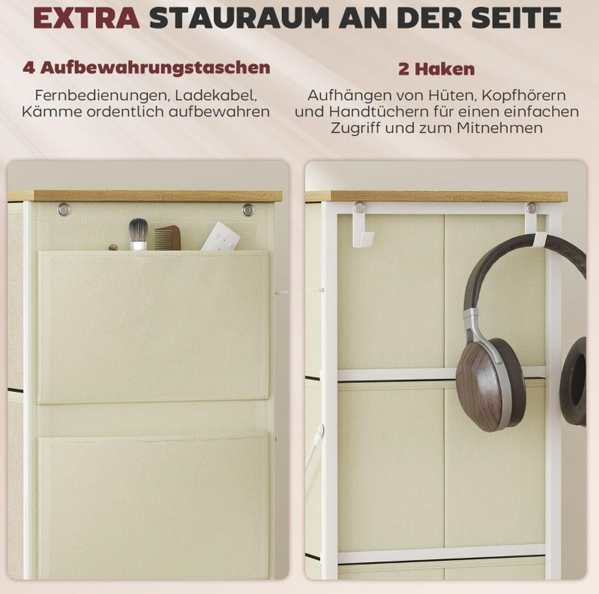 KOMMODE aus Stahl 86x30x94,5 cm Beige mit 8 Stoffschubladen und seitlichem Stauraum - Beige, Metall (86/94.5/30cm) - IVMEU