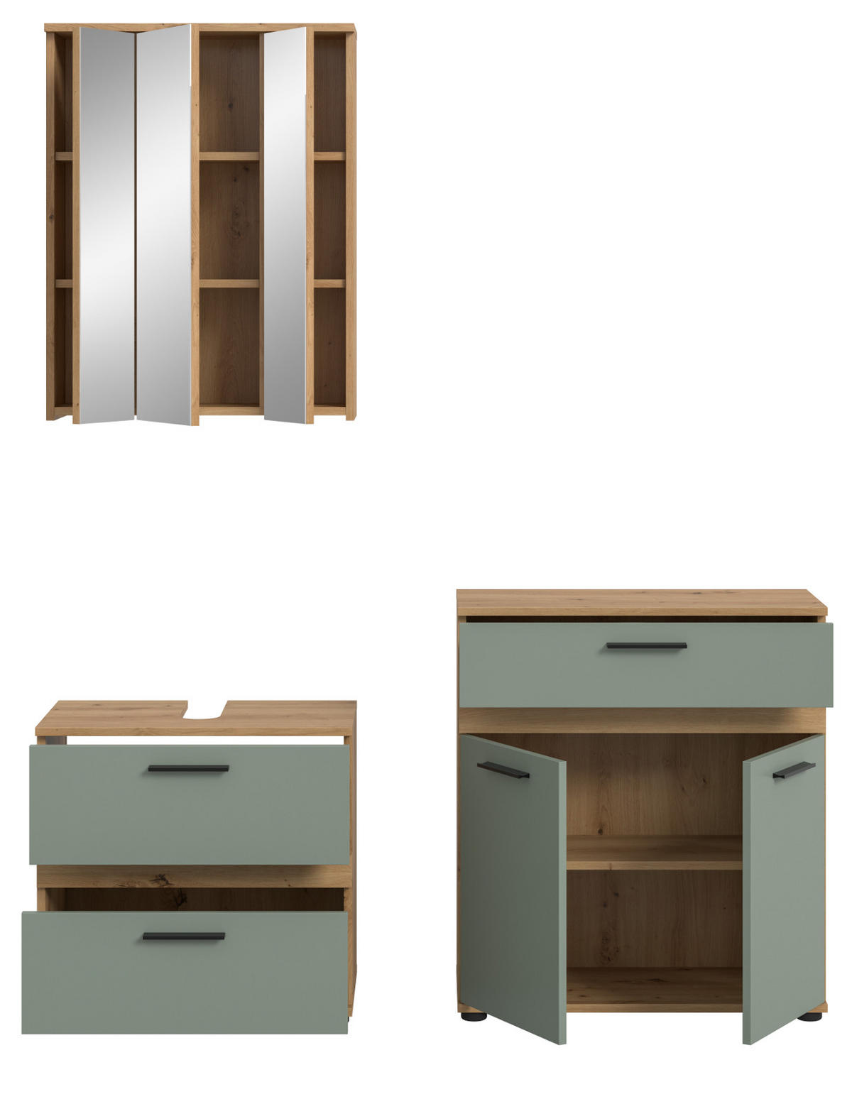 BADMÖBEL-SET 3-teilig Salbei grün, Artisan Eiche 147 x 191 cm, moderne Badkombination - Salbeigrün/Schwarz, Glas/Holzwerkstoff (145/191/34cm) - Inn.Furn