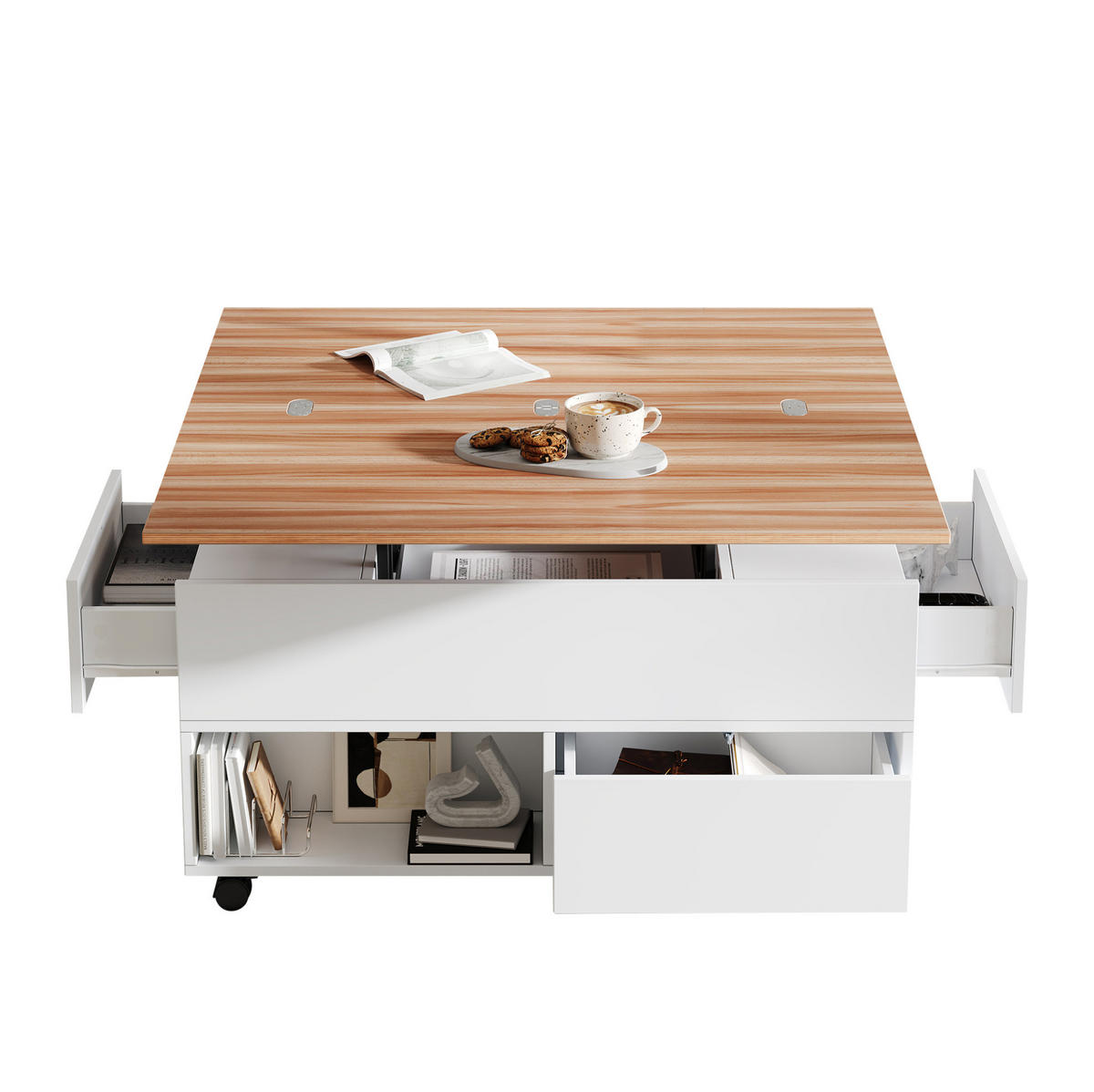 COUCHTISCH 100/50/52 cm mit Rollen, ausziehbar und höhenverstellbar - Weiß, Holzwerkstoff (100/50/52cm) - Flora Grace