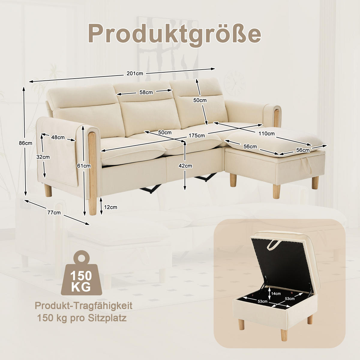 ECKSOFA DE-33940 mit Stauraumhocker und Seitentaschen Beige - Beige, Holz (77/201cm) - ComfortXL