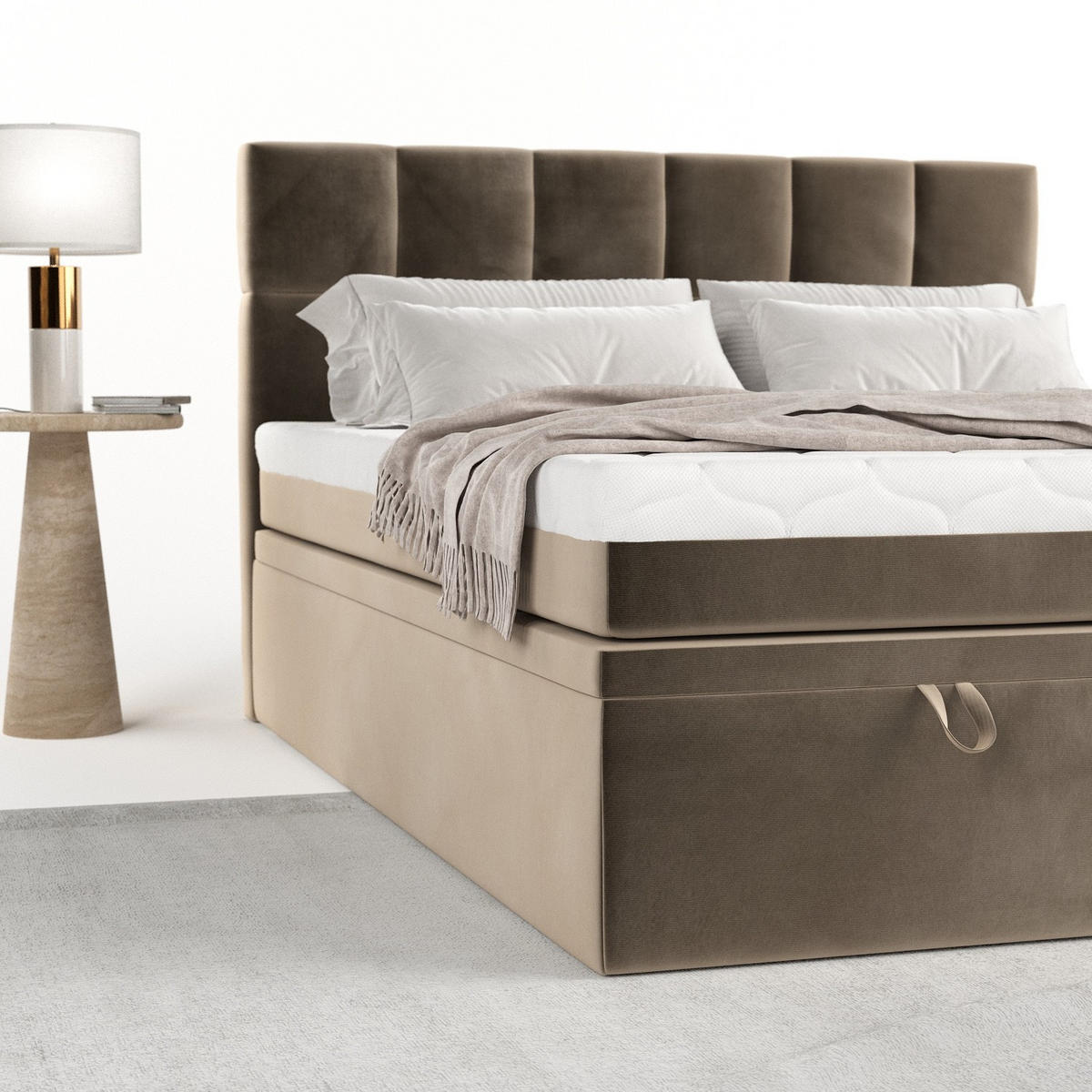 BOXBETT Elano 180/200 cm Taupe im Paros Stoff - Taupe/Schwarz, Holz/Holzwerkstoff (180/200cm) - AltaBeds