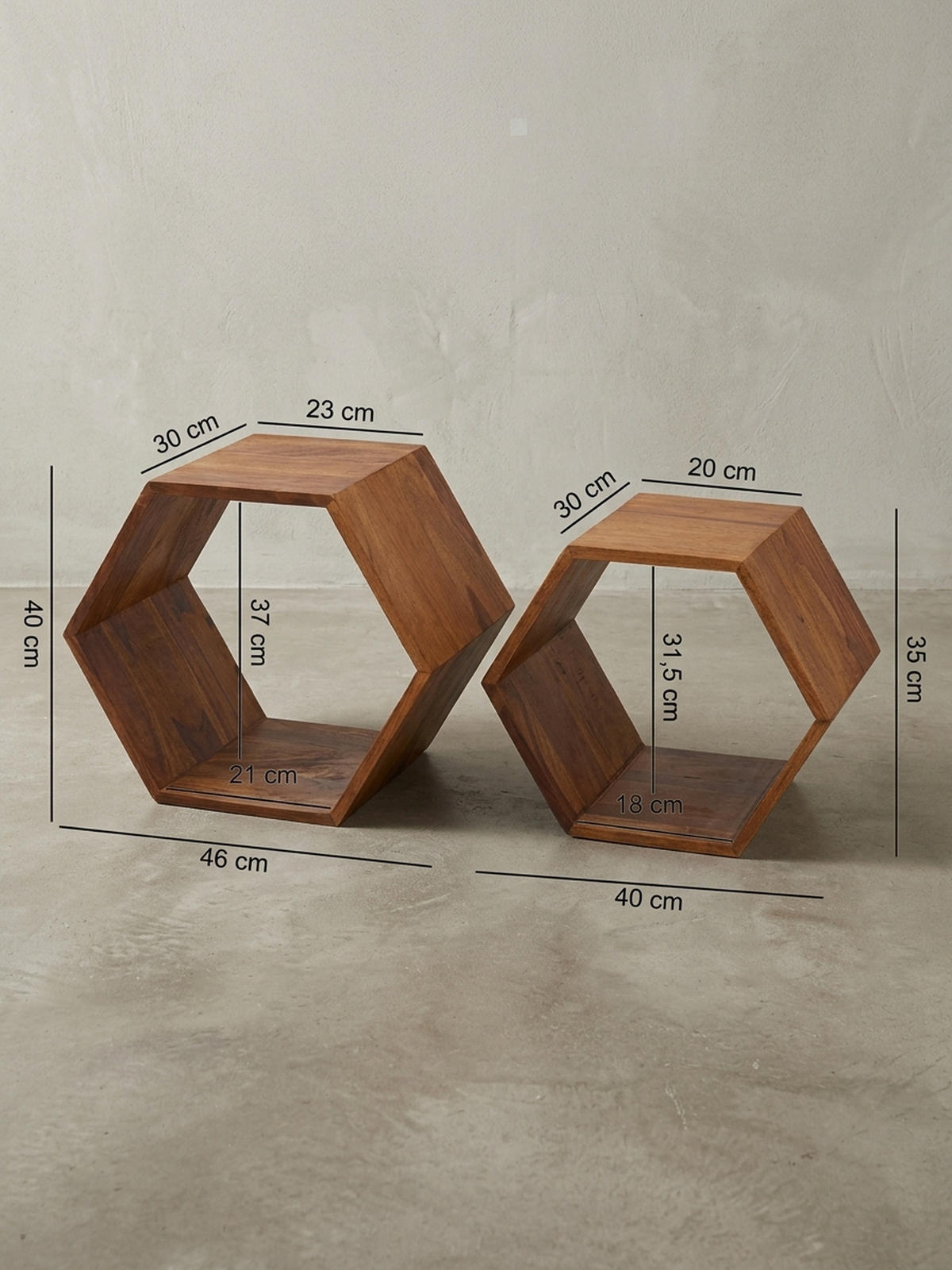 BEISTELLTISCH Set – 2-teilig Massivholz Braun Wabenform handgefertigt - Braun, Holz (30/46/40cm) - KADIMA DESIGN