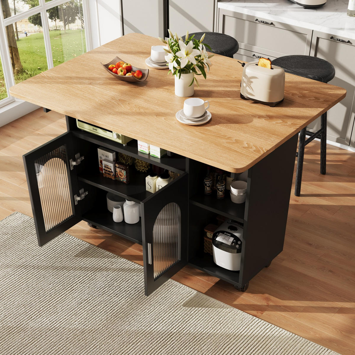 KÜCHENINSEL Klapptisch Rollbar 120x70x79.5cm Schwarz mit Arbeitsplatte & Stauraum - Schwarz, Holzwerkstoff (120/79.5/70cm) - Modfu