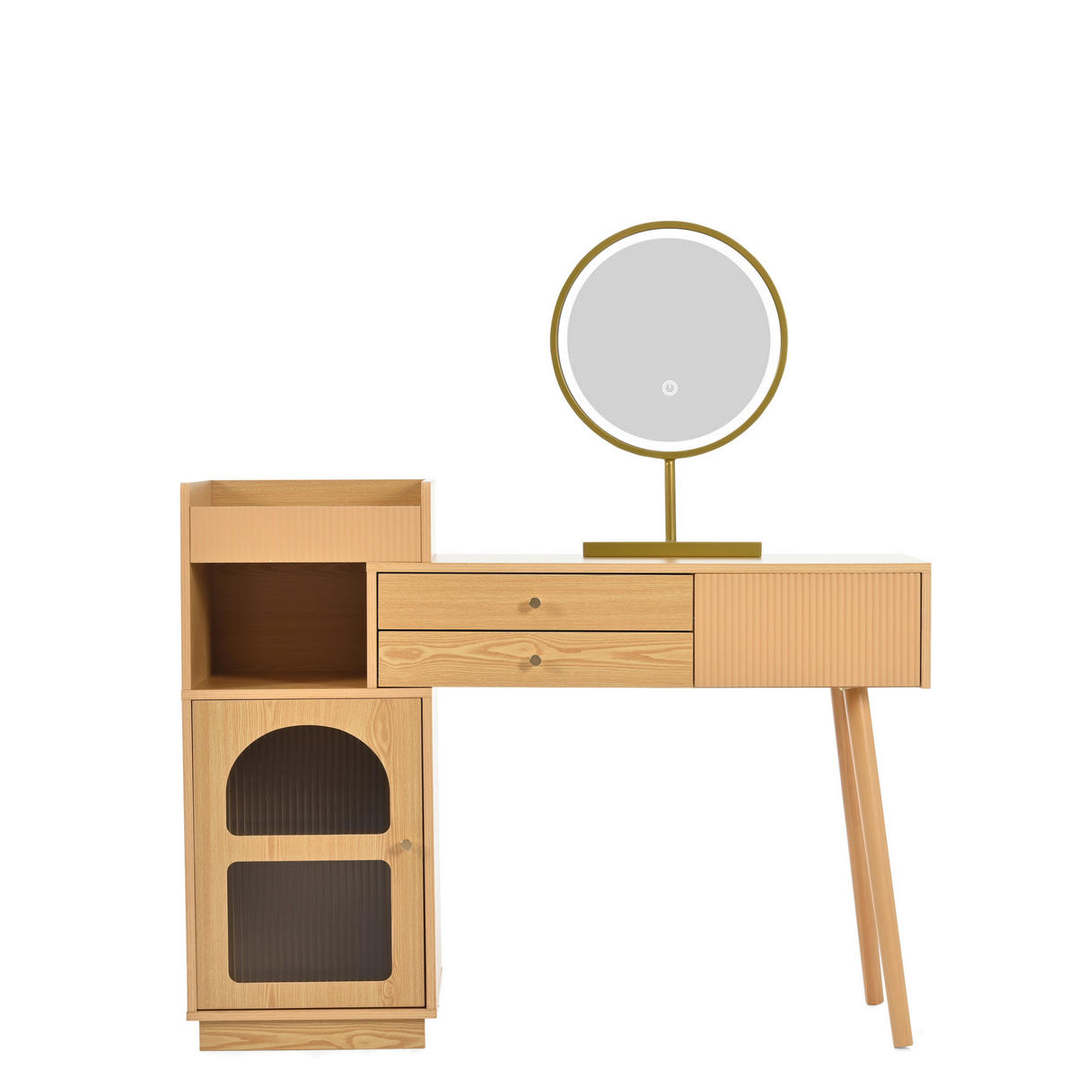 SCHMINKTISCH 120/40/90 cm in Natur mit LED-Spiegel und Seitenschrank - Naturfarben, Holzwerkstoff (120/40/90cm) - Flora Grace