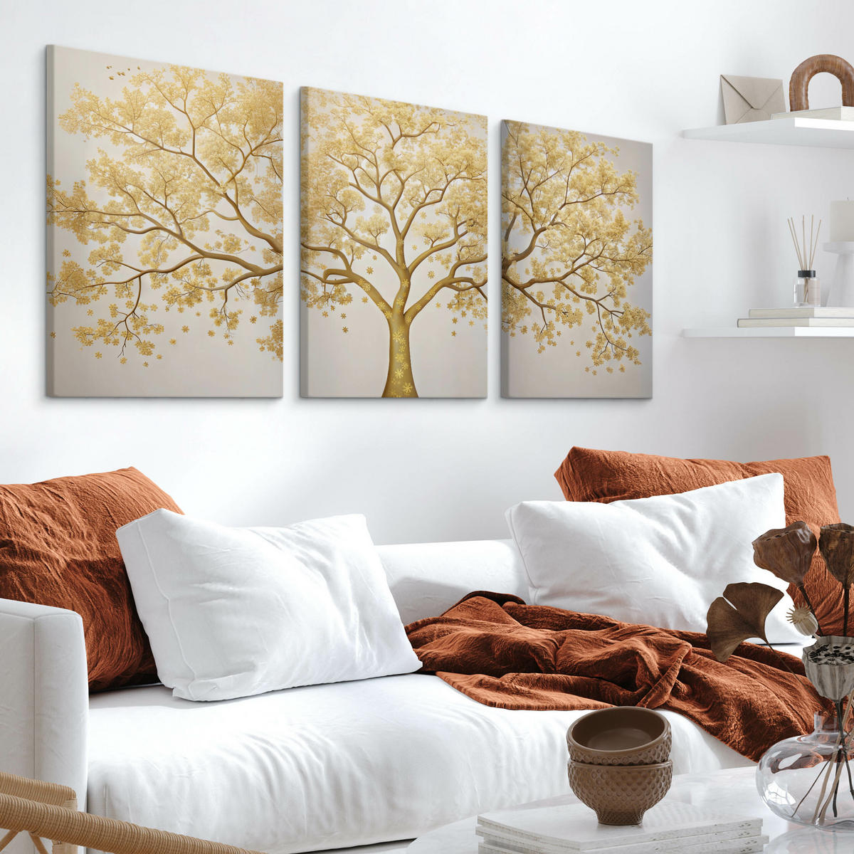 LEINWANDBILDER 3-es Set Baum Abstraktion - Beige/Weiß, Textil (90/40cm) - Muralo