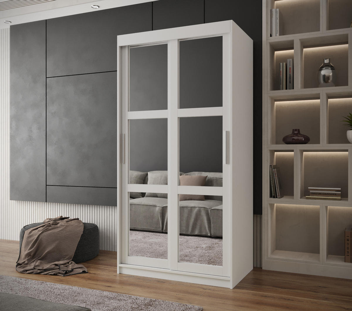 SCHWEBETÜRENSCHRANK 200/100/62 2-türig - Silberfarben/Weiß, Holz/Kunststoff (100/200/62cm) - MÖBEL KRYSPOL