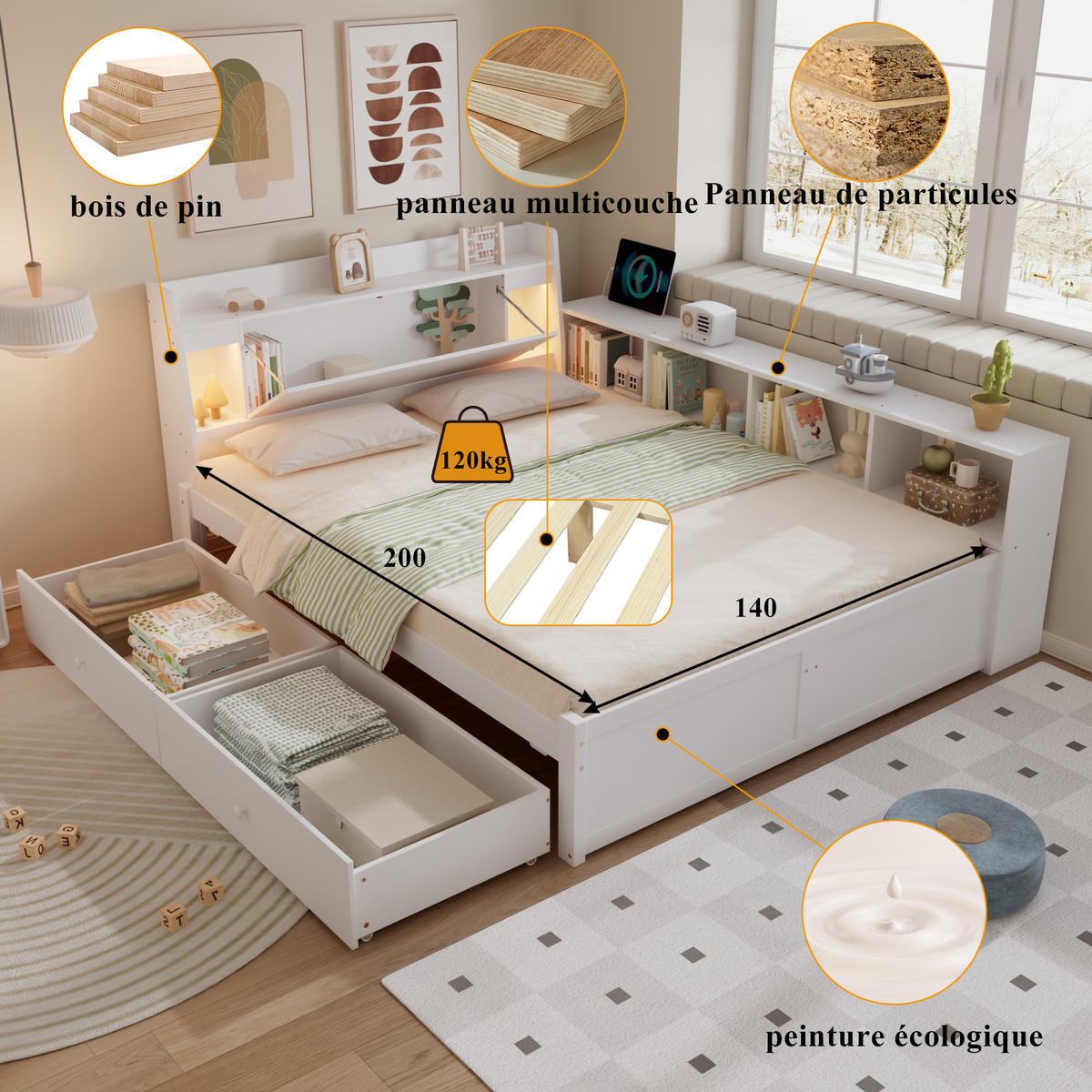 BETT 140x200 cm LED USB Schubladen weiß - Weiß, Holz (140/200cm) - LEBENLANG