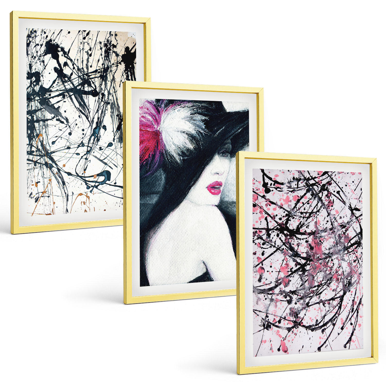 BILDER SET 3er Set - 40x60 cm Goldrahmen - Abstrakte Farbmuster Hut - Goldfarben, Kunststoff (40/60cm) - TULUP