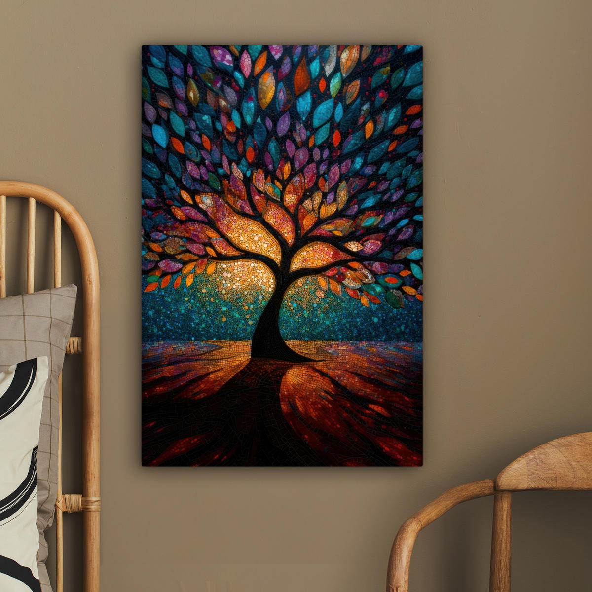 LEINWANDBILD Mosaik - Bunt - Baum - Äste Wanddeko Schlafzimmer 60x90 cm - Multicolor, Textil (60/90cm) - MuchoWow