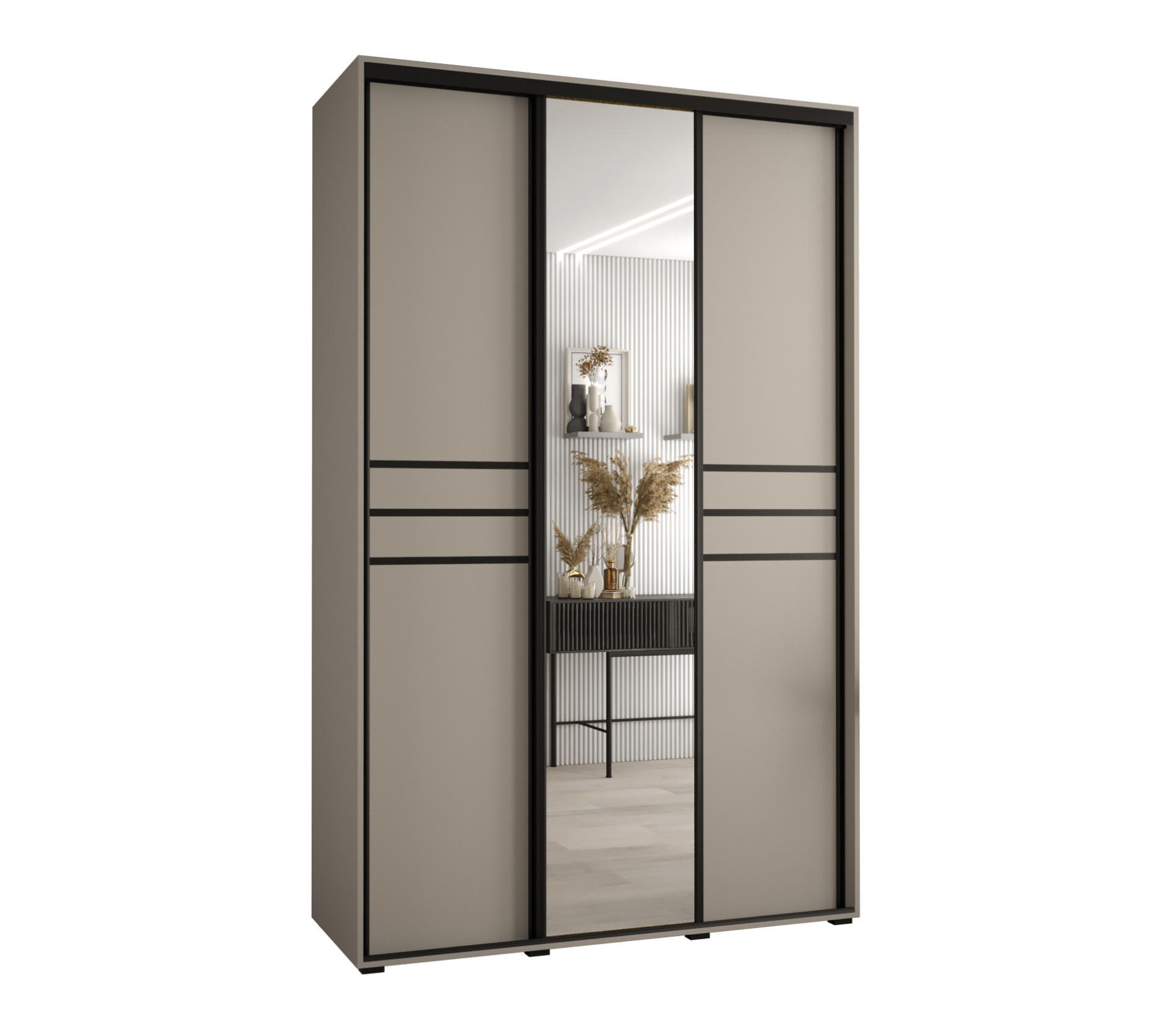 SCHWEBETÜRENSCHRANK 235,2/150/60 3-türig - Kaschmir/Schwarz, Holz/Metall (150/235.2/60cm) - MÖBEL KRYSPOL