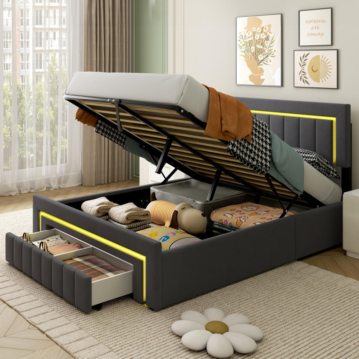 POLSTERBETT aus Samt 140x200 cm Grau mit LED-Beleuchtung und hydraulischem Stauraum - Grau, Textil (140/200cm) - Modfu