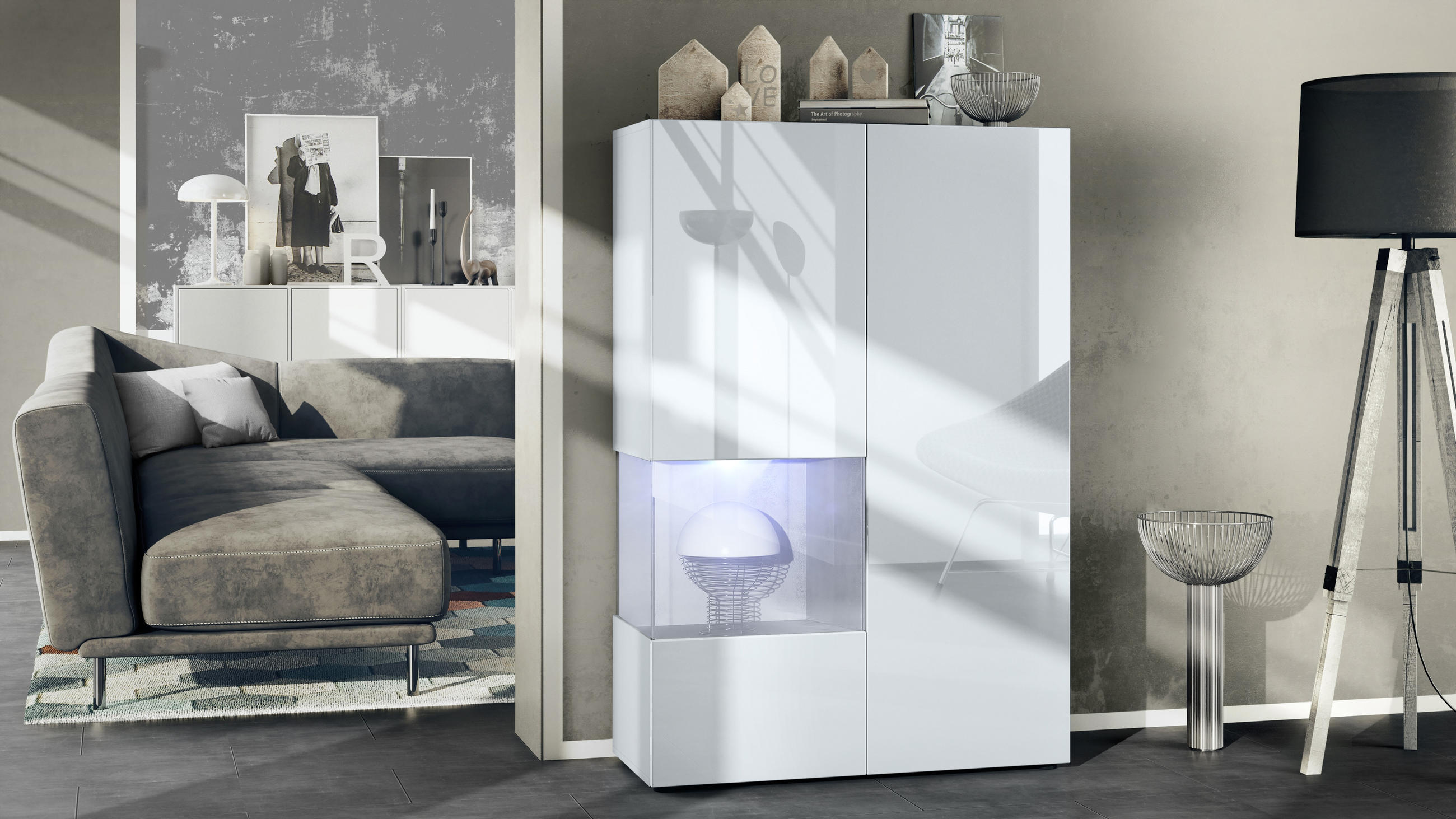 VITRINE Morena Einsatz in Beton Oxid Optik - Hellgrau, Holzwerkstoff (91.5/136.5/37cm) - Vladon